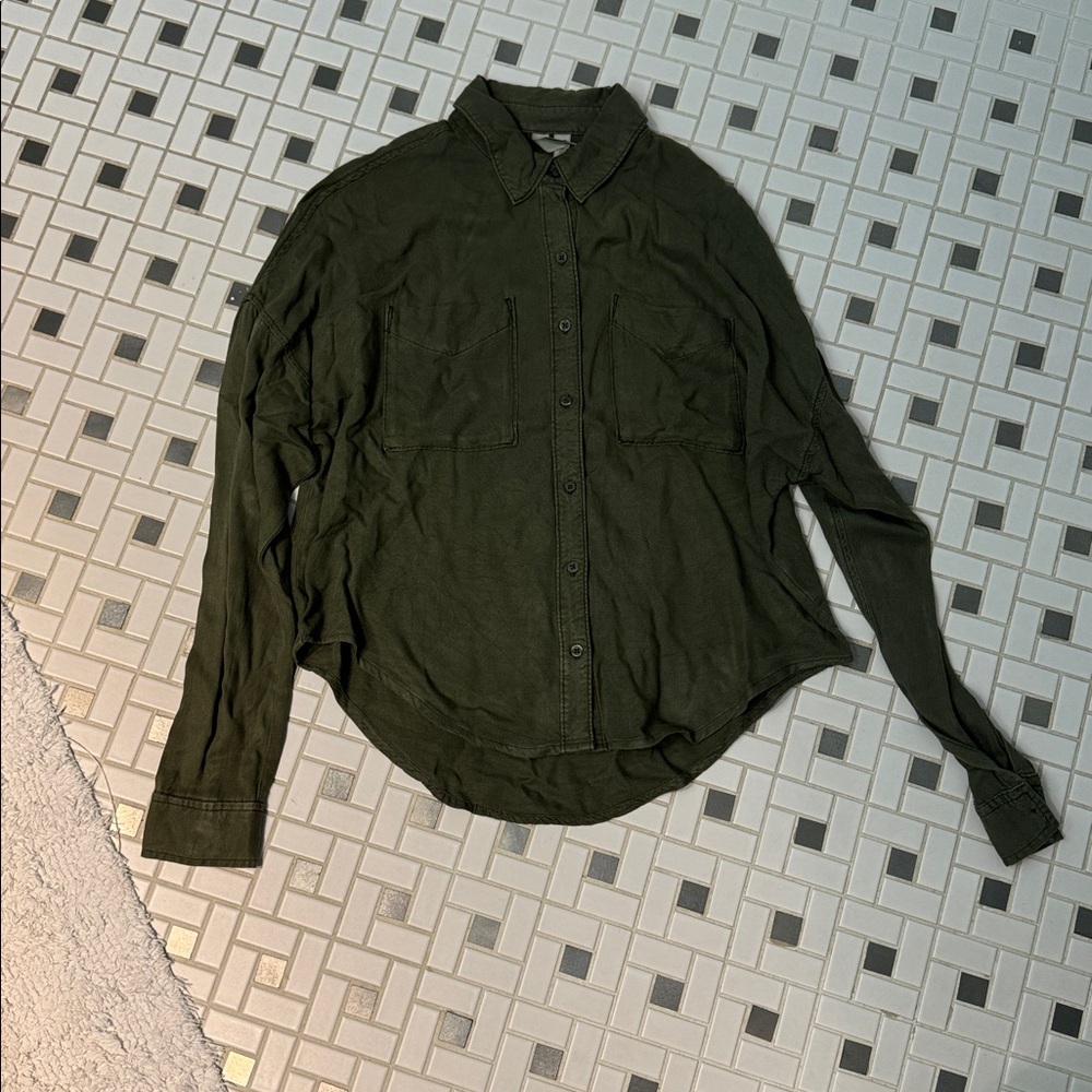 BP. Nordstrom Olive Utility Shirt cropped XXS Rayon Button Front - Picture 9 of 10